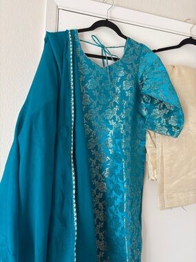 Teal Chikankari-Style Indian outfit Kameez with Cream Bottom 3 piece Indian suit
